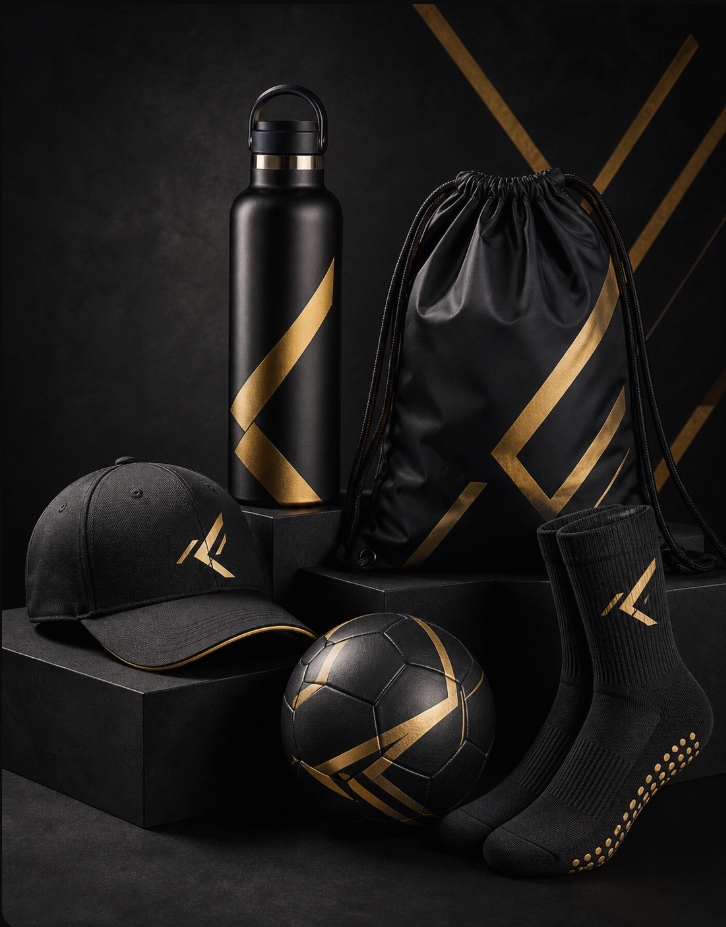 LCP gear kit: bottle, gym sack, cap, ball and grip socks in black and gold